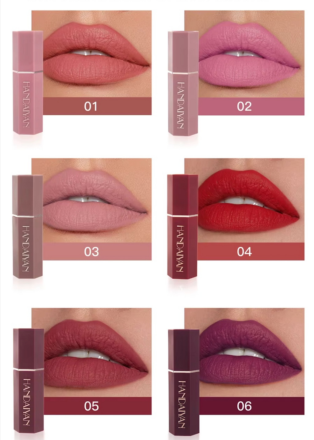 Set of 6 lipsticks, matte, pearly and velvety texture, non-sticky. Ideal for lips.