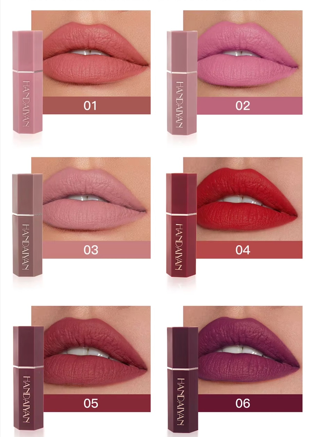 Set of 6 lipsticks, matte, pearly and velvety texture, non-sticky. Ideal for lips.